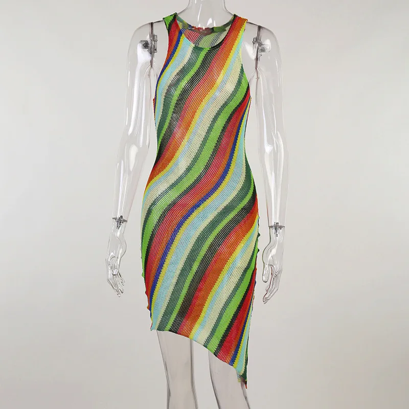 

women Summer Sleeveless Striped Bodycon Knitted Printed Package Hip Mini Dress Sundress 2021 Female Clothing Streetwear