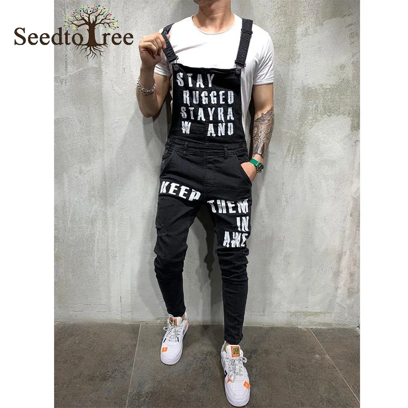 Letter Pattern Casual Hole Men's Jeans Slim Overalls Denim Trousers
