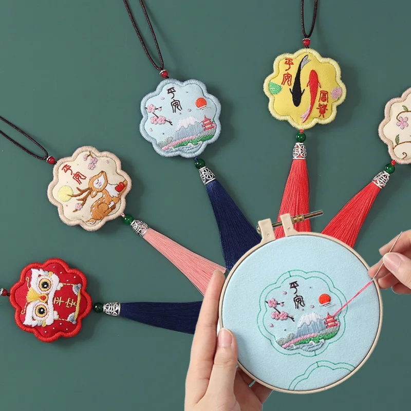 

Chinese Sachet Kids Amulet DIY Embroidery Kit Orientalism Cross Stitch Needlework Handmade Sewing Craft Drive Safety Car Pendant