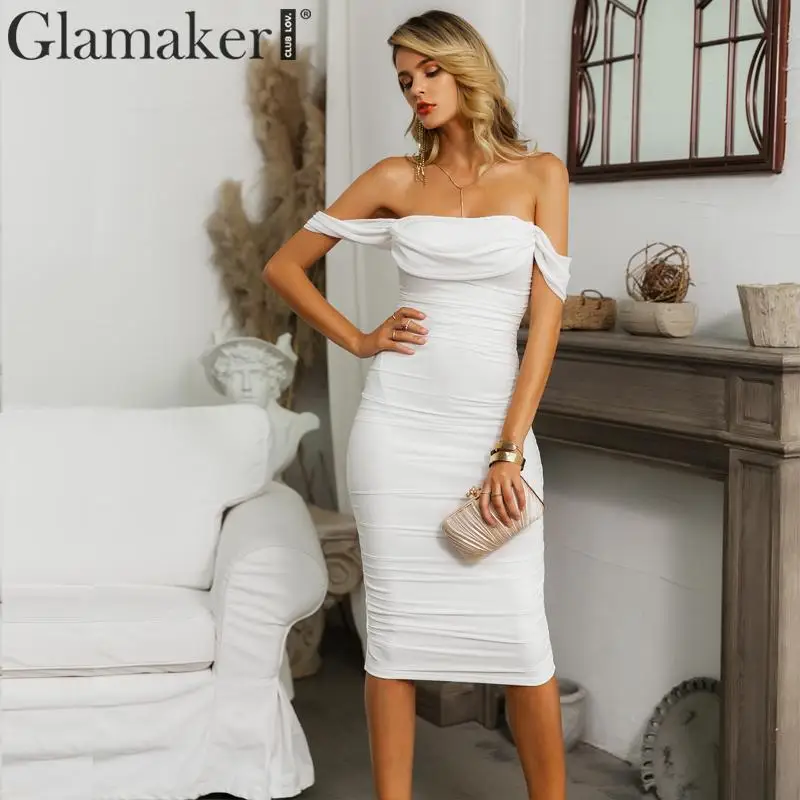 Белое Сетчатое Плиссированное облегающее платье Glamaker с открытыми плечами