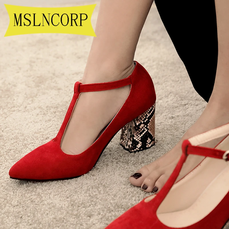 Туфли лодочки женские на квадратном каблуке флоковые туфли с Т образным ремешком