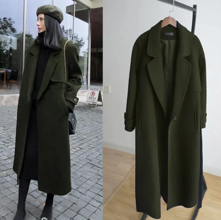 

New black cashmere wool overcoat in 2020 korean winter coat Cotton Spring/Autumn Long Solid Vintage V-Neck