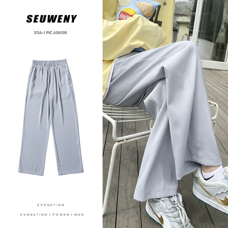 

Spring Summer Wide-leg Pants Men Fashion Solid Color Ice Silk Pants Men Streetwear Loose Casual Straight-leg Pants Mens Trousers