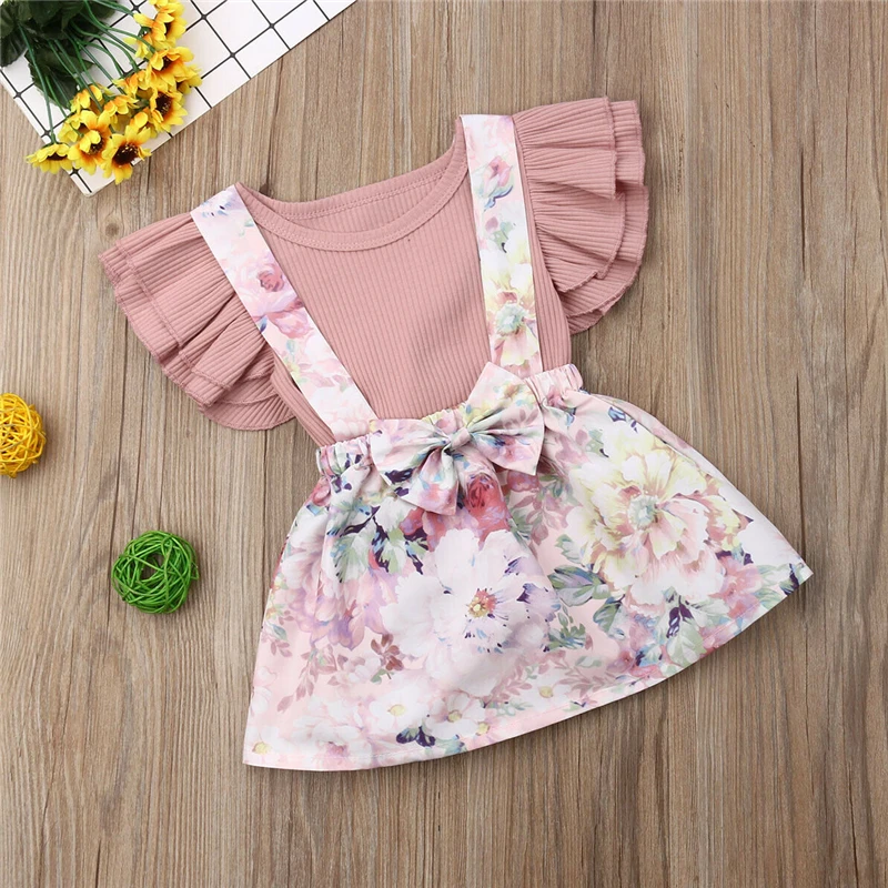 2019 Детская футболка и юбка для девочек с цветочным принтом|Комплекты одежды| |