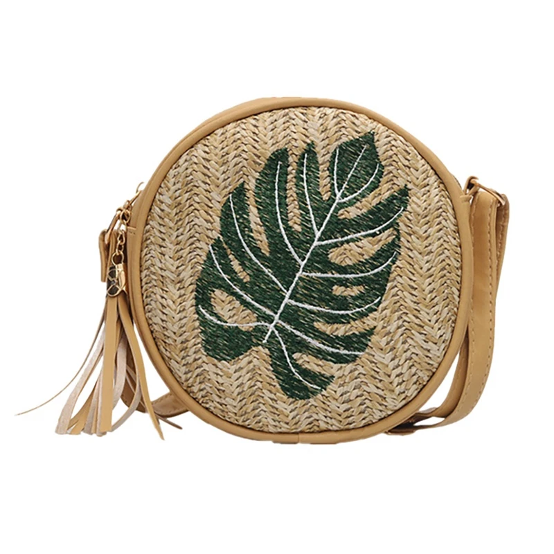 

Embroidered Straw Bag Handmade Woven Round Shoulder Bag Tassel Crossbody Bag Beach Bag Circle Bohemia Handbag