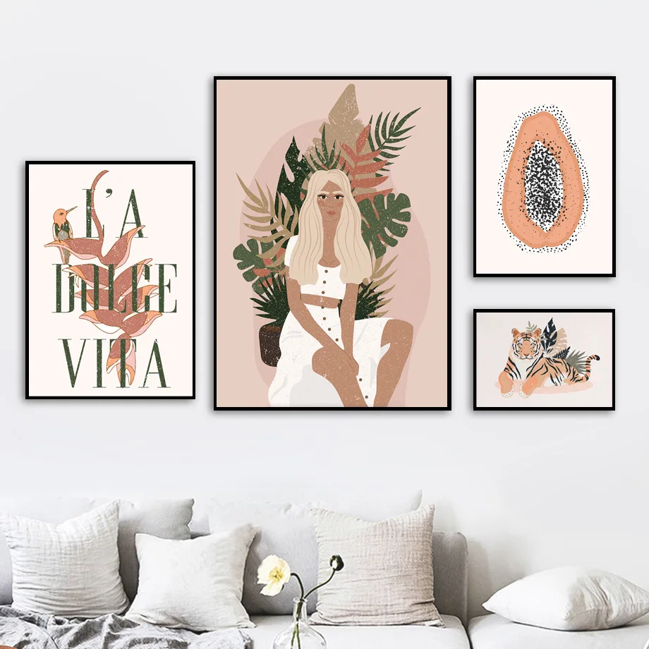 

Abstract Fashion Girl Tiger Monstera Wall Art Canvas Painting Nordic Posters And Prints Wall Pictures For Living Room Home Decor