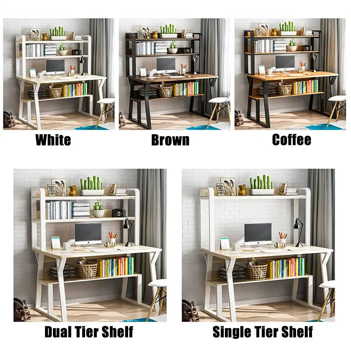 

Modern Wooden Computer Desk Workstation Laptop Table With Single Dual Tier Bookshelf Study Writing Table Home Office Furniture