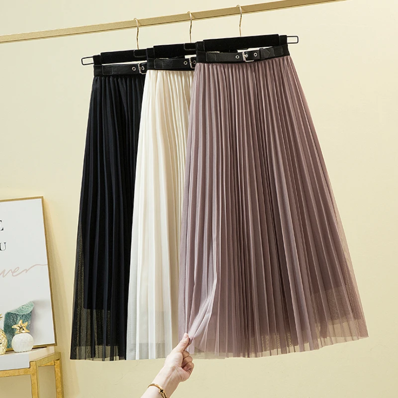 

Autumn Long Tulle Skirts Elastic Waist Belted Solid A-line Long Fluffy Mesh Pleated Skirts