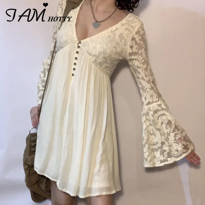 

IAMHOTTY Hollow Out Patchwork Lace Dress White A Line Mini Dress Party Evening Vacation Outfit Outgoing Deep V-neck Sexy Robe