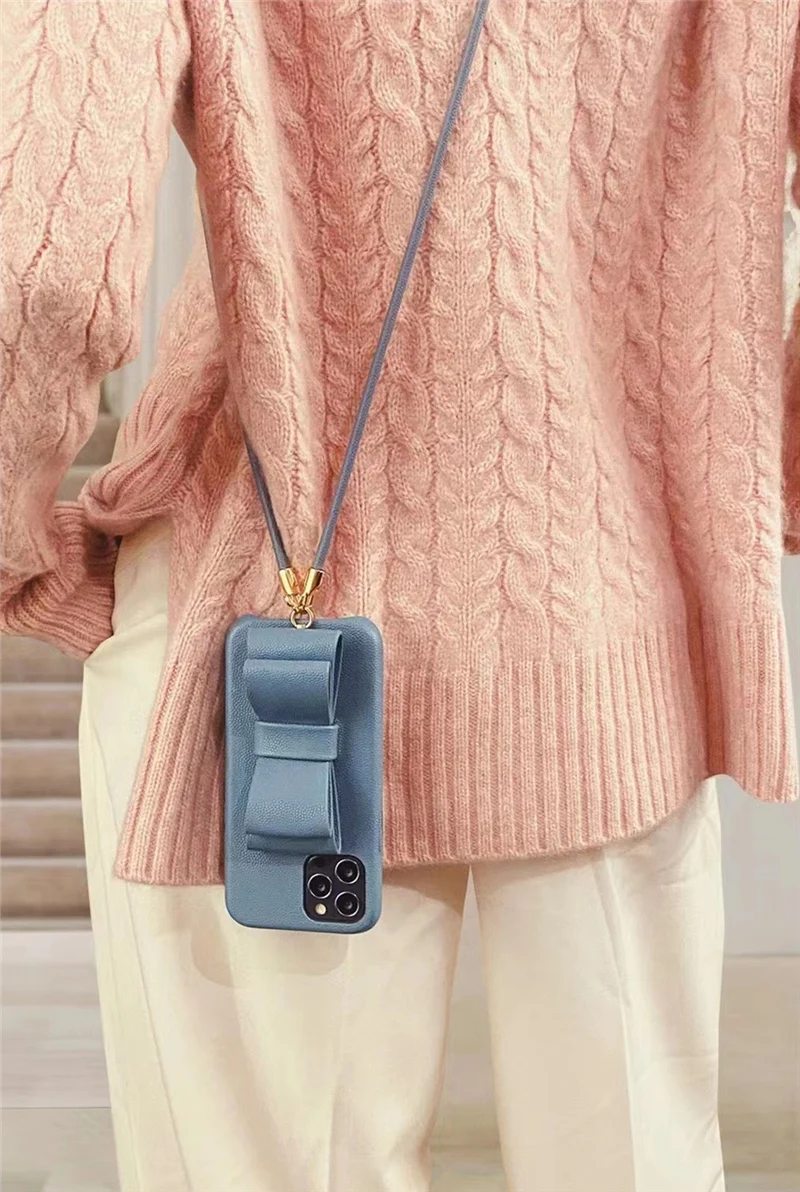 

INS Crossbody Shoulder lanyard Bowknot Wristband Bracket leather case for iPhone 13 11 12Pro 13Pro 12 XR X XS Max strap cover