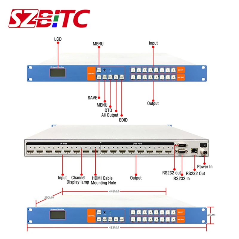 Матричный коммутатор SZBITC 4K HDMI 8x8 видеопереключатель EDID RS232 TCP/IP с дистанционным