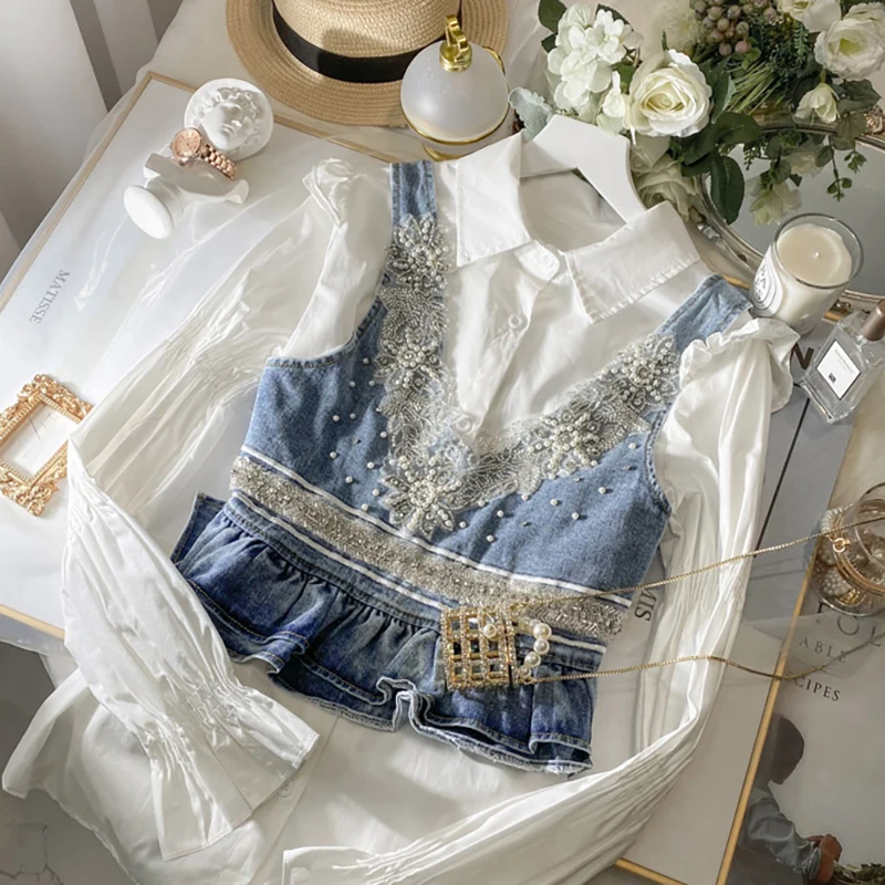 

French Retro Beaded Denim Vest+Mid-Length Long Sleeve Simple Shirt Dress 2021 Spring Fashion Elegant Women's Clothing 2pcs Set