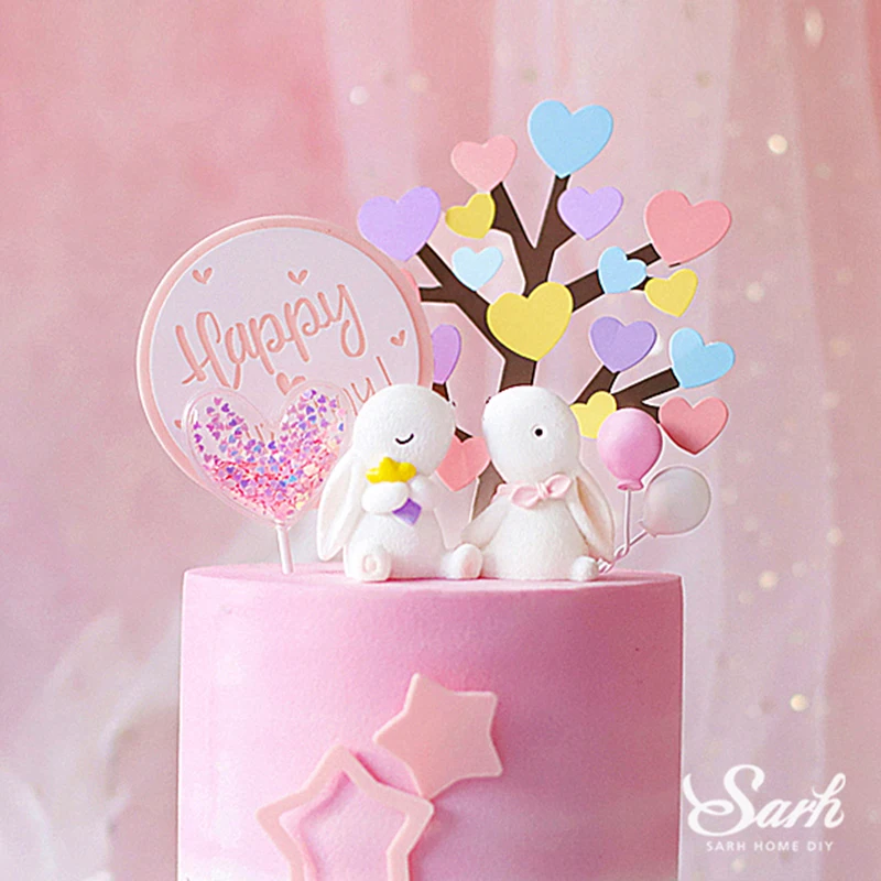 Кролик пара кролик украшение на день рождения сердце дерево розовый торт топпер