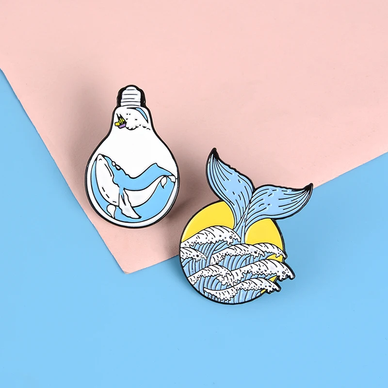 GDHY Blue Ocean Wave Mermaid tail and Whale Bulb Pins Brooch Summer Sea wave Enamel pin Badge Jewelry for Kids | Украшения и
