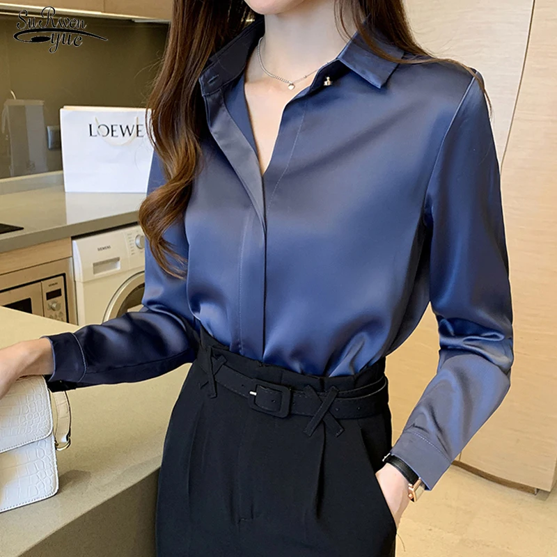 

New Silk Shirts Women White Women Long Sleeve Shirts Blouse Office Lady Satin Silk Blouse Woman Female Shirt Tops Blusas 13678