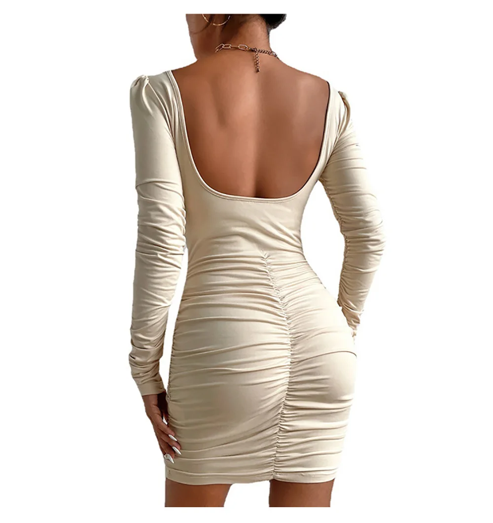 

Solid Color Ruched Square Collar Autumn Dresses Women Long Sleeves Sexy Club Party Dress Female Slim Bodycon Mini Dress Vestido