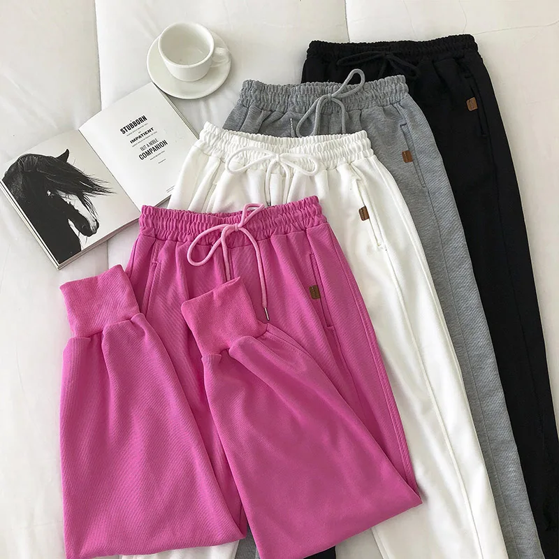 

Elastic Waist Sweat Pants Women Clothes White Black Solid Trousers Female Summer High Waist Harajuku Bottom Pants Woman Spring