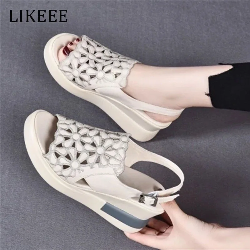 

Summer Shoes Women Wedge Sandals Open Toe Platform Sandals Hollow Retro Lady High Heel Buckle Strap Casual Female Sandalias