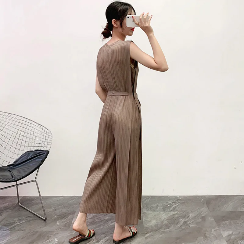 LANMREM 2021 Summer New Pleated Jumpsuits For Women Clothes Drawstring Waist Casual Wide Leg Pants Loose Sleeveless YH677