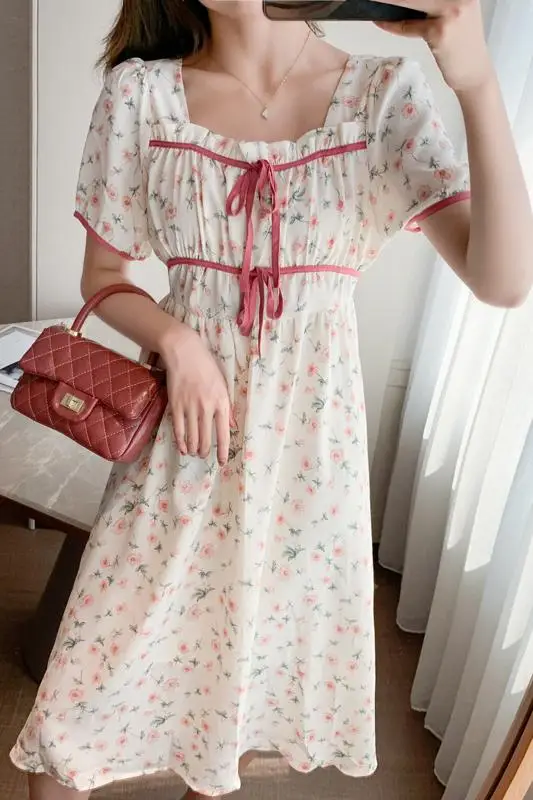 

COIGARSAM Cute Floral Print Women dress New Summer French Style Chiffon Dresses Red Flowers Huanghua 2023
