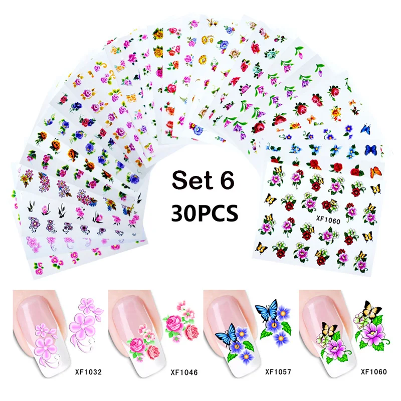 30 шт цветок наклейки для ногтей Переводные бабочки животные кружева перо клейкие