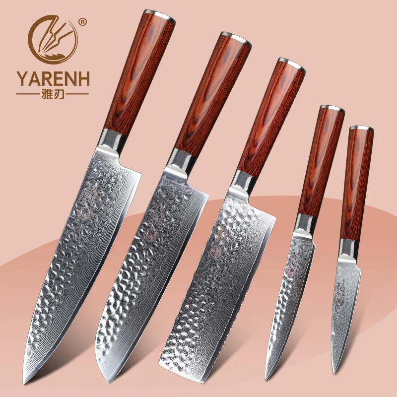 Набор японских кухонных ножей из дамасской стали YARENH комплект 2-5 с деревянной
