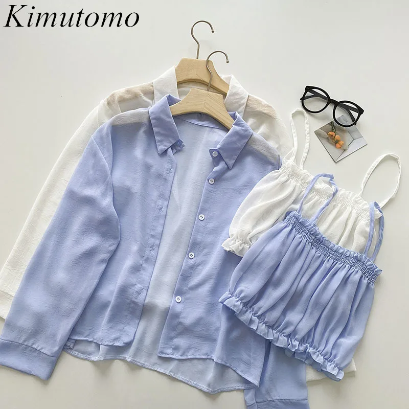 

Kimutomo Casual Suit Women Summer 2021 New Korean Long Sleeve Breasted Chiffon Shirt and Short Suspender Top Solid 2 Pieces