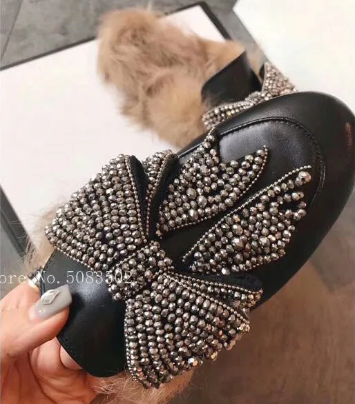 Модные женские зимние тапочки с украшением в виде кристаллов и большим бантом