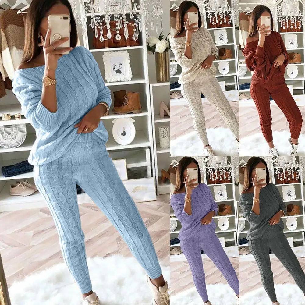 

Ladies Knitted Sweaters Pants 2 Pieces Sets Women Fashion Autumn Winter Two Piece Set Knit Outfit Suits Streetwear Tracksuit