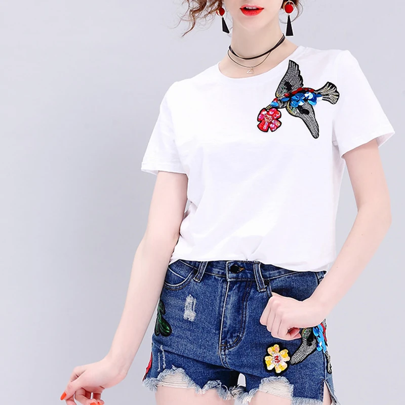 Diamond Women Piece Set Summer Letter Floral Print T Shirt Butterf Ripped Denim Shorts Female Suit (Tees+Shorts) YXR363 |