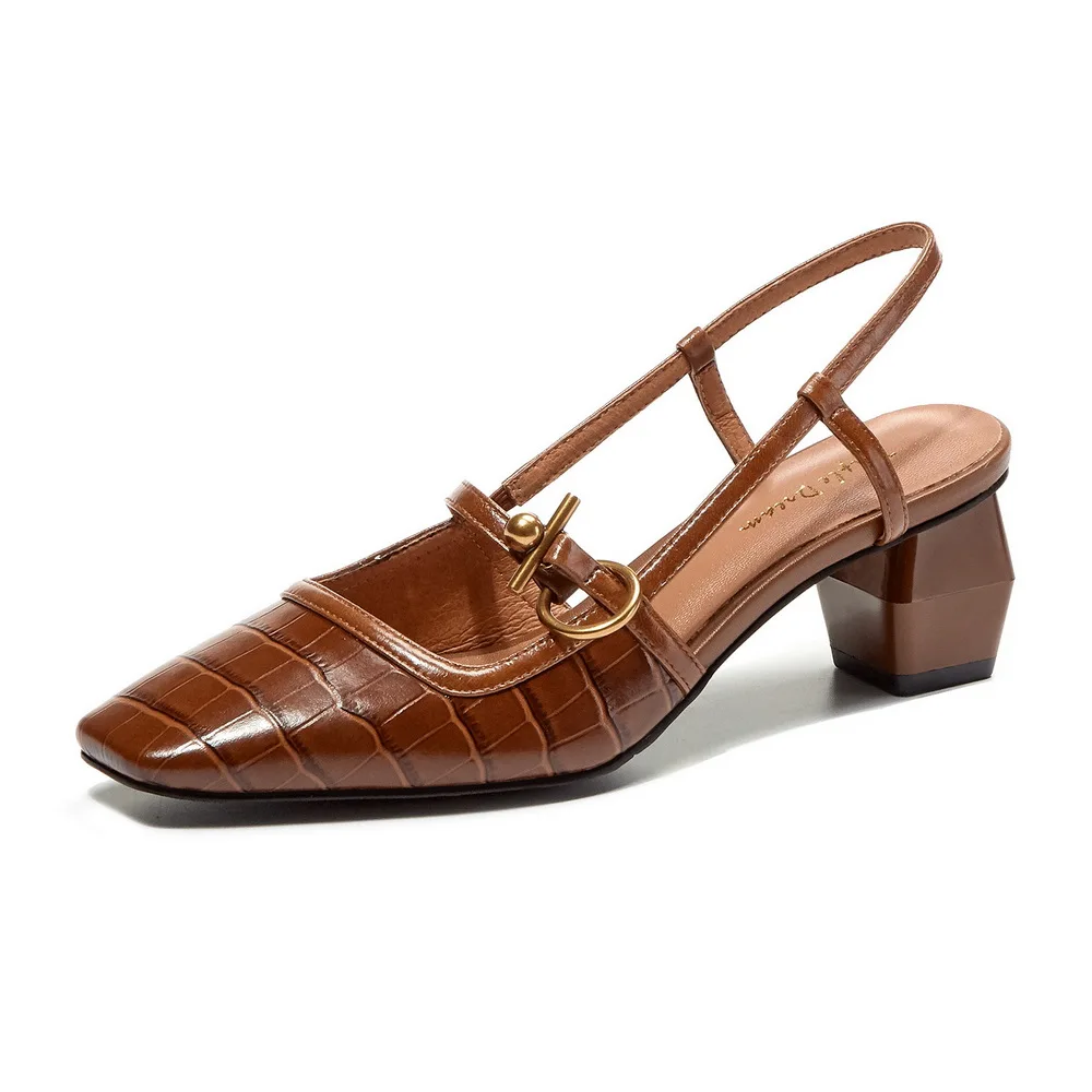 

Femmes Sandales Retro Genuine Cow Leather new crocodile pattern medium thick Heels BaoToe Women Sandals