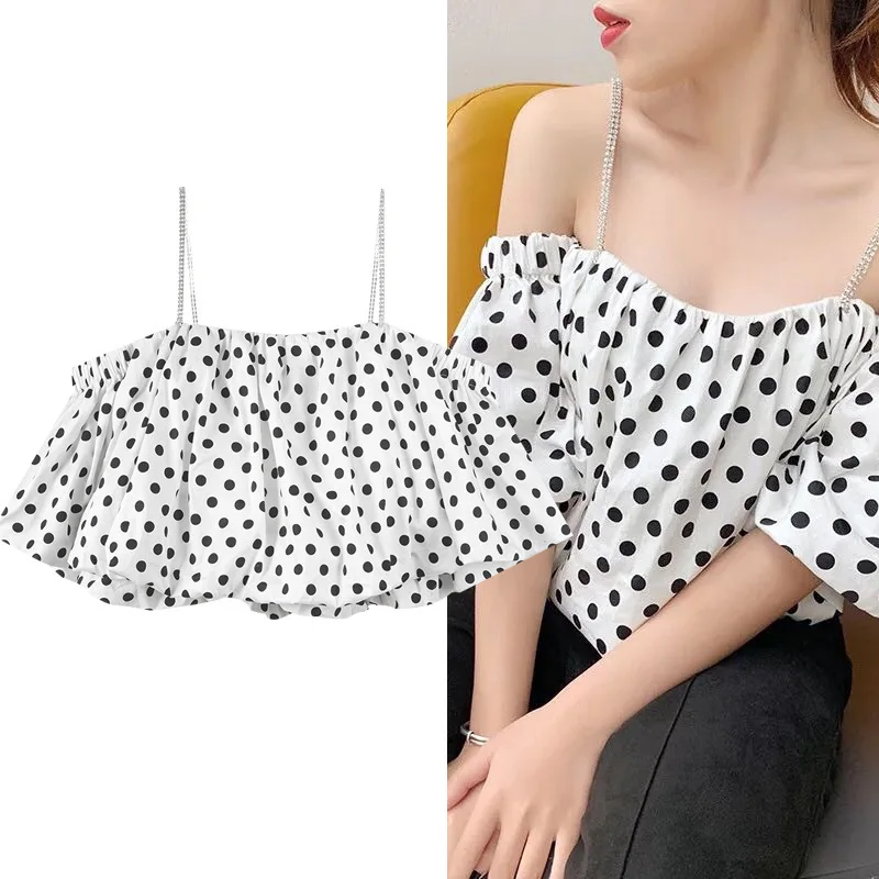 

womens Set in New drill Camisole One shoulder round dot cute puffy cotton top shirt