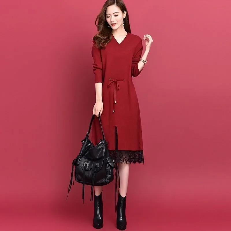 

Autumn and winter dress women's size V-neck long sleeve medium and long loose stitching lace tie slim dress