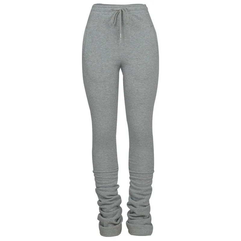 

Women's Solid Color Elastic High Waist Pleated Drawstring Casual Trousers Pile Pile Pants Plus Velvet Thick for Winter AC889