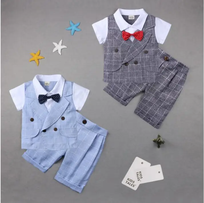 2020 NEW Kids Boys Clothes Set Summer Children Clothing Short Sleeves Gentleman Bow Shirts+Plaid Shorts Suits Toddler | Детская одежда