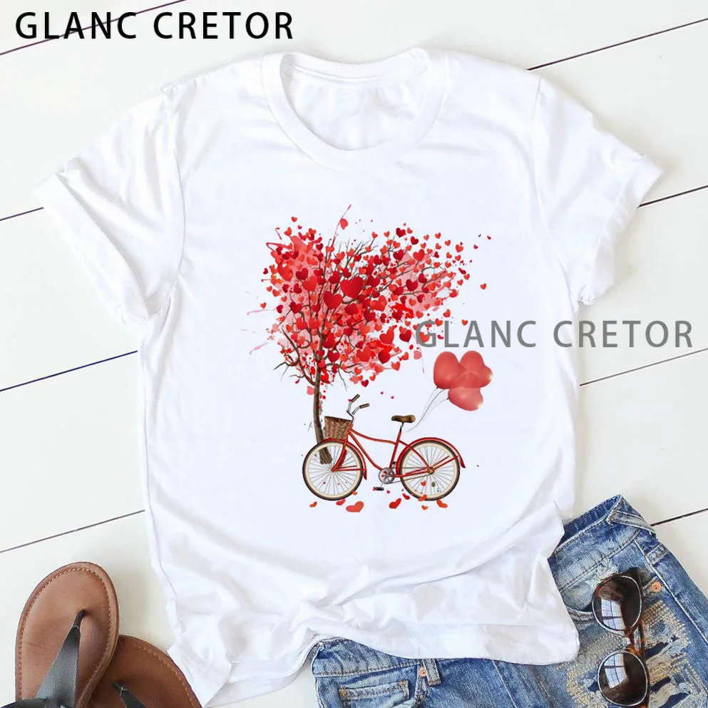 

Harajuku T-shirt Kawaii Graphic Tees Women's T-shirt Summer Pink Heart Flower Print Basic O-Neck T-shirt Girl Ladies Streetwear