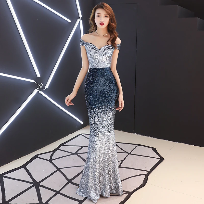 

Banquet Sequin Evening Dress Female 2020 Off The Shoulder Formal Dress Robe De Soiree Longue Mariage Luxury Long Mermaid Gown