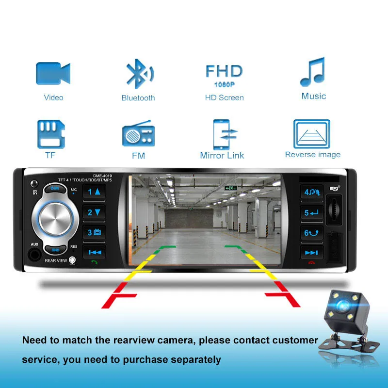 

1Din 4.1 Inch Car Radio Press Sn Automatic o Stereo Fm Bluetooth 2.0 Mp5 Player Rear View Camera Dme-4019