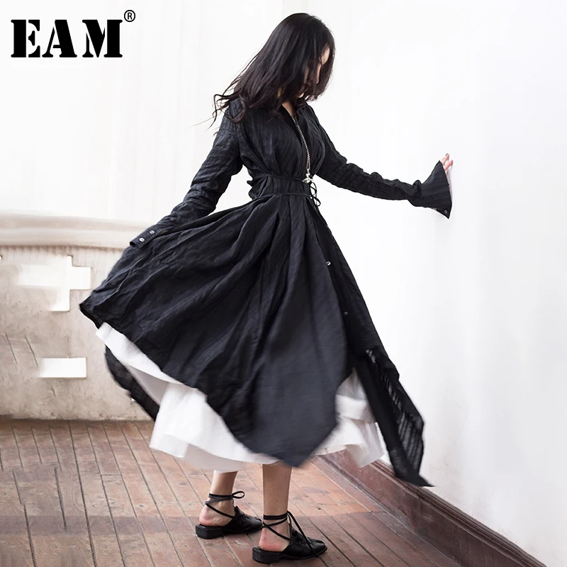 

Женское платье-рубашка [EAM], черное платье-рубашка с отложным воротником и длинным рукавом, со складками и асимметричным подолом JR388, весна-ос...