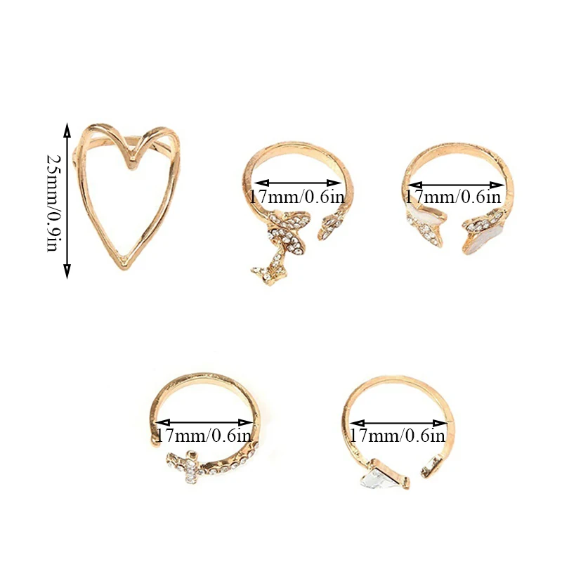 

2021 Vintage Bohemian Ring Sets Heart Butterfly Gold Color Rings Crystal Geometric Knuckle Midi Rings for Women Jewelry Gifts