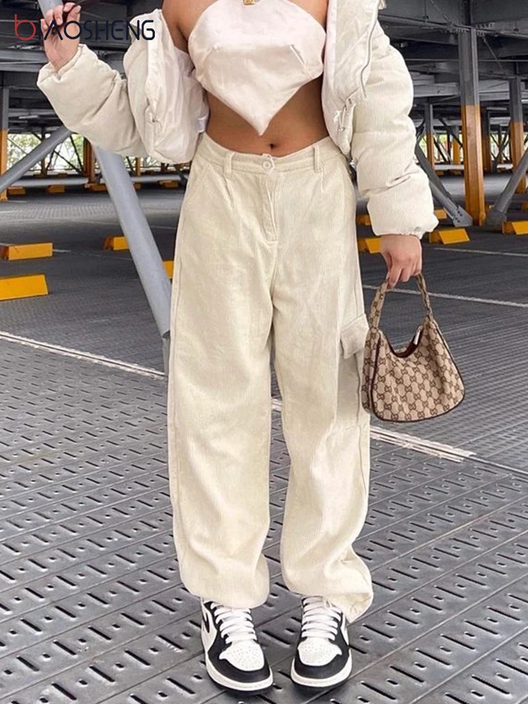 

Women High Waist Baggy Corduroy Flap Pocket Side Relaxed Fit Straight Wide Leg Cargo Pants Loose Boyfriends Y2K Streetwear Pants