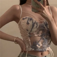 women sleeveless lace mesh see through slim clothing solid bralette top breasted corset strapless sexy backless cami crop tops
