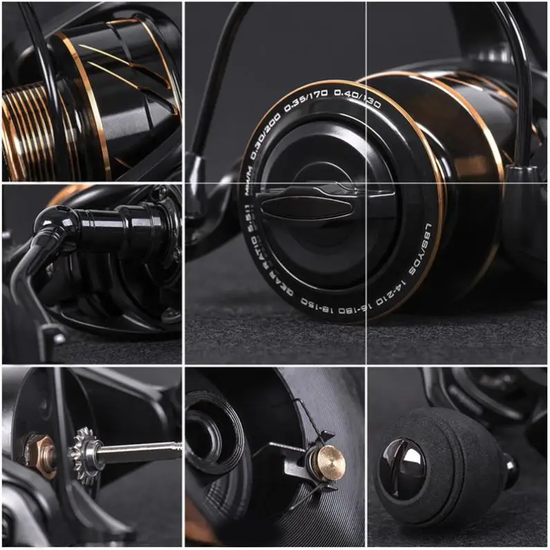 Спиннинговая катушка из алюминиевого сплава черного и золотого цвета макс.