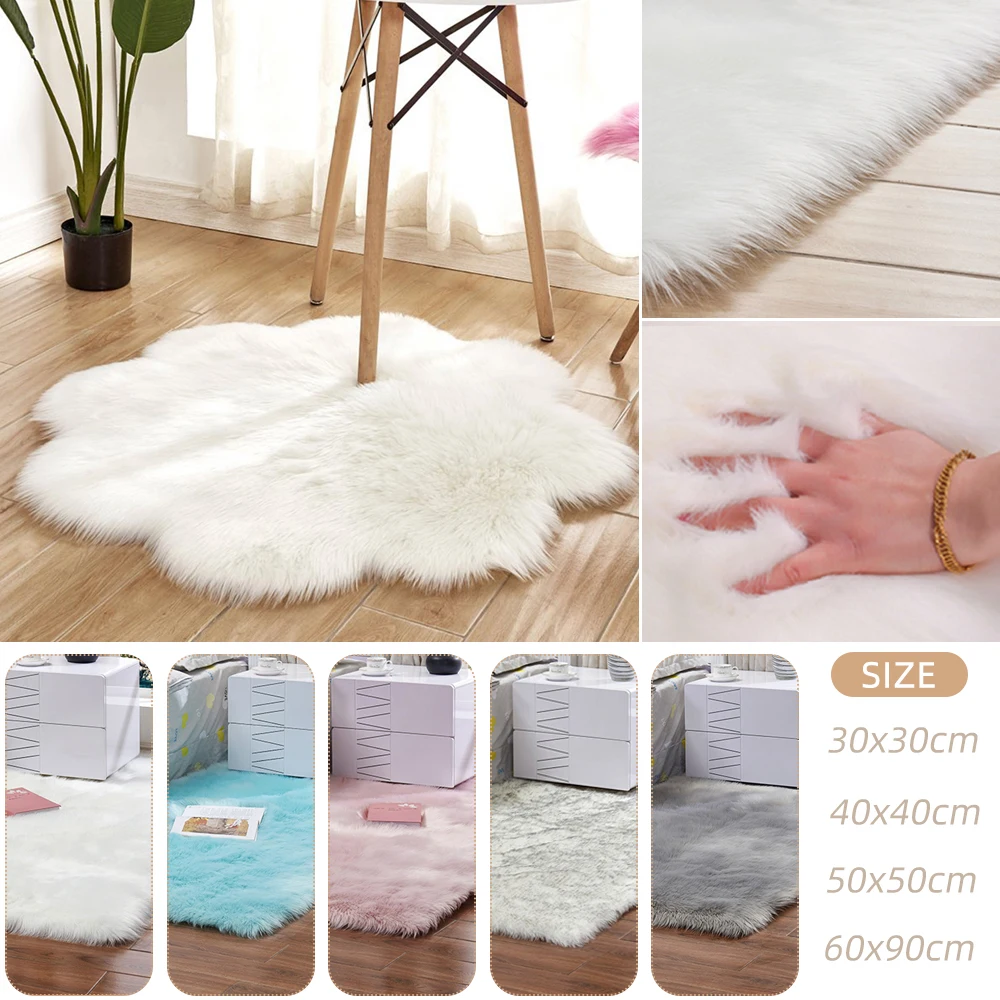 

Antiskid Soft Faux Fur Wool Carpet Indoor Sheepskin Rug Modern Carpet Mat Blue White Pink Gray Living Room 30x30cm Flower Carpet