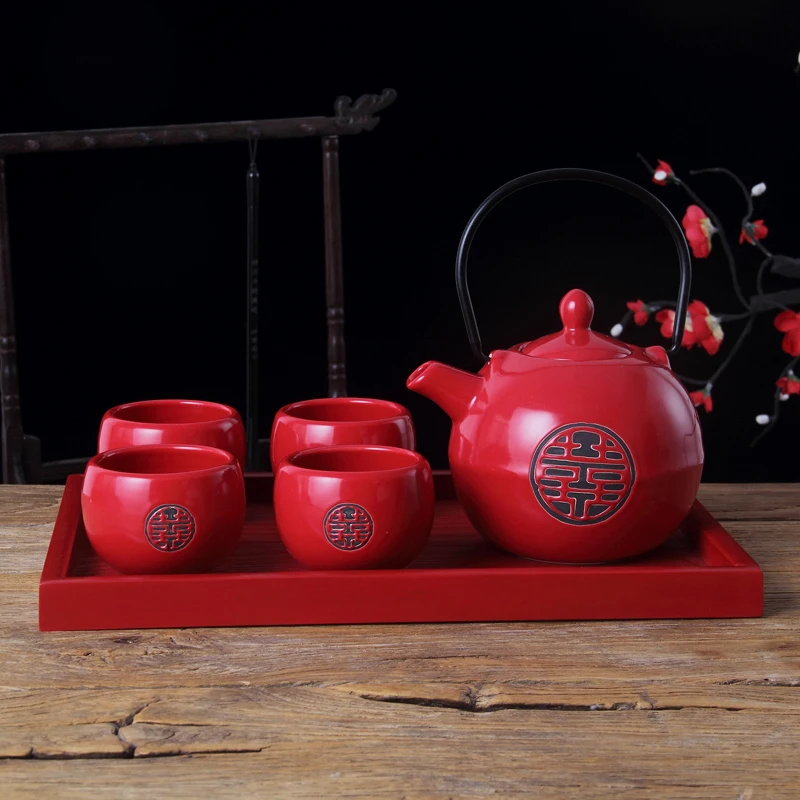 Chinese traditional wedding ceramic tea set Red Double Happiness Teapot Newlywed Gift Home Tea Set Accessories WSHYUFEI