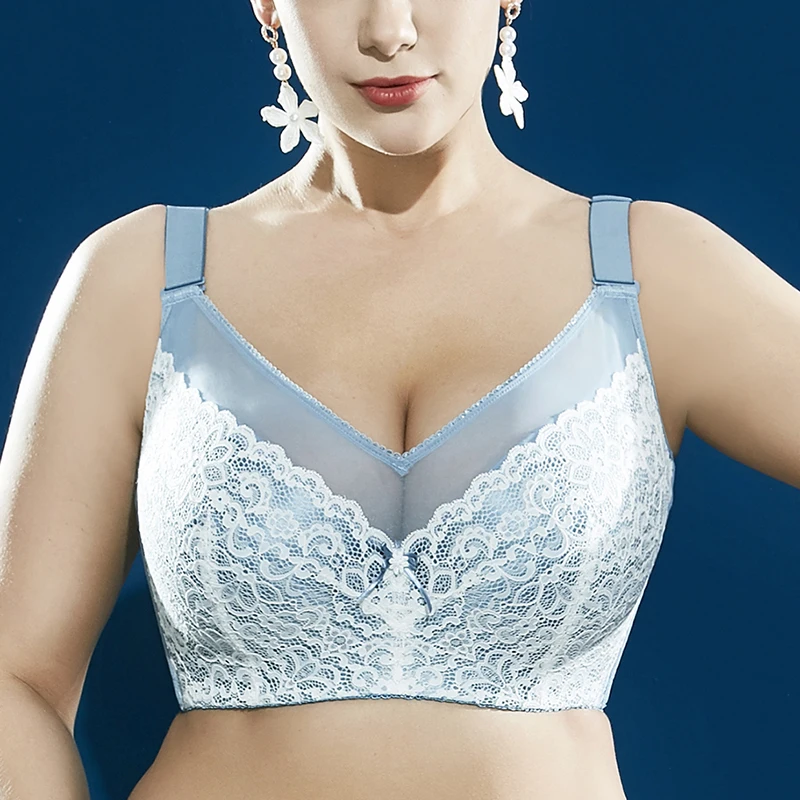 Soft Cups Lace Minimizer Bra for Women Full Coverage Floral Embroidery Underwire Non Padded Push Up Brassiere Lingerie 38 40 G H