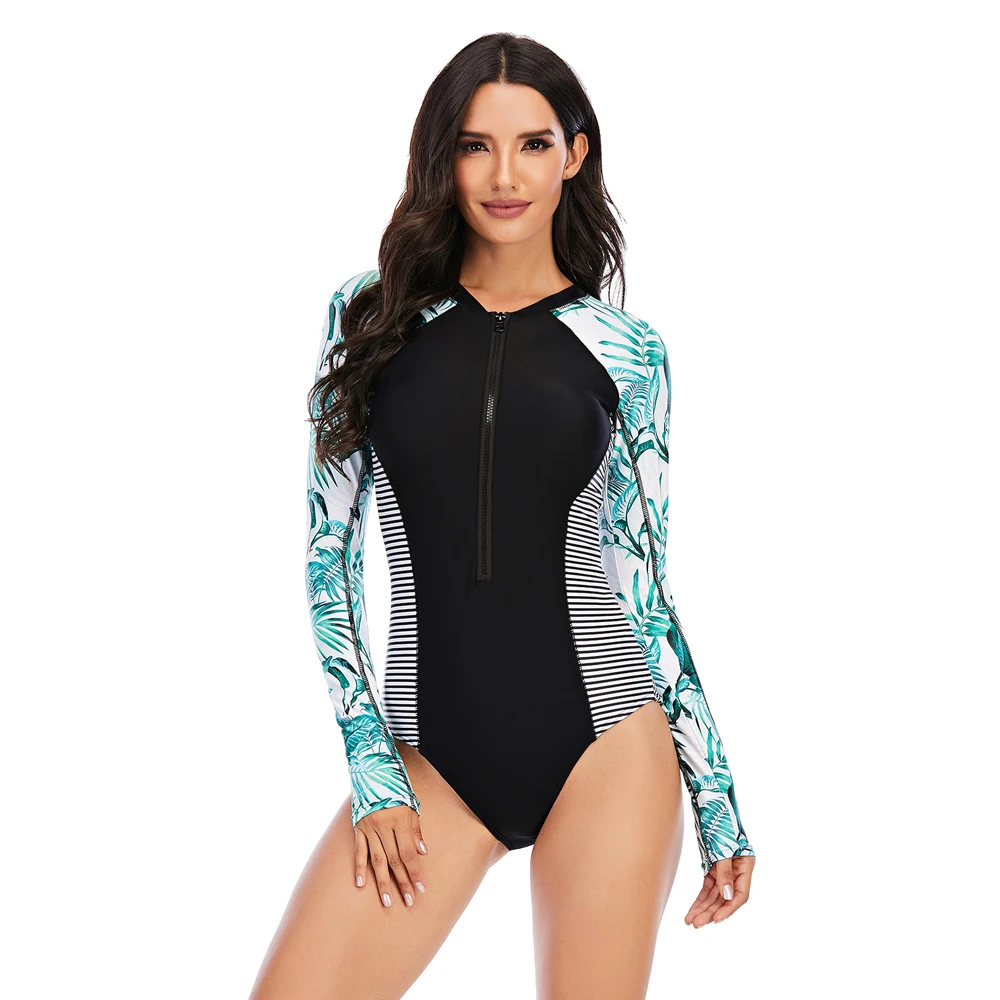 

Lady One Piece Swimsuit Print long Sleeve Women zipper Rash Guard Swimwear Bathing Suit female Surfing Swimming Suit