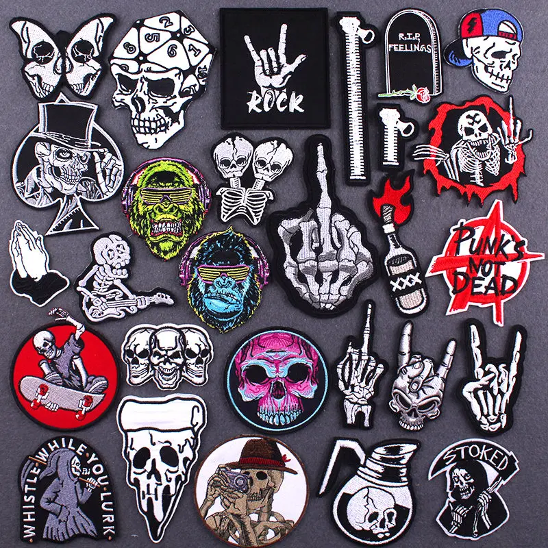 

Pulaqi Hippie Rock Stripes Applique Patch DIY skull Embroidered Patches for Clothing Sticker Badge Iron on Punk Clothes Patches