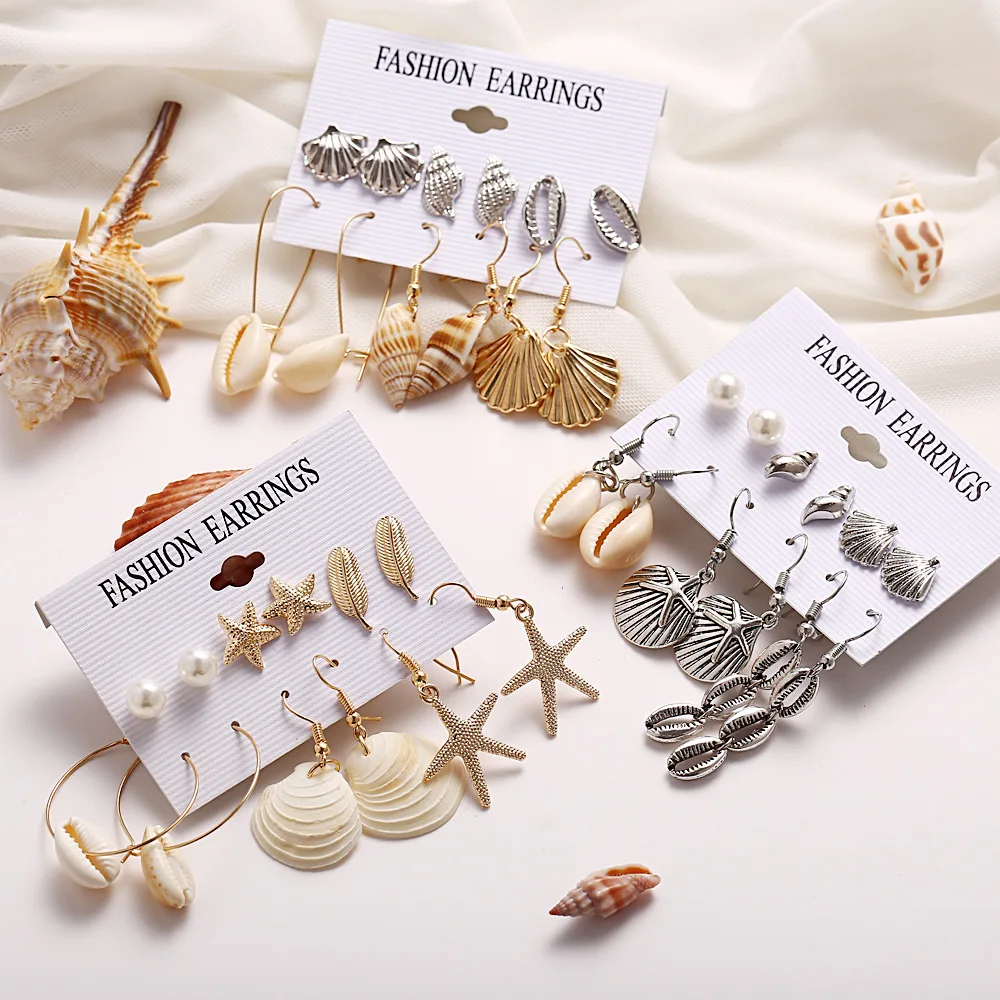

Women New Vintage Creative Gold And Silver Shell Natural Scallop Set Beach Earrings