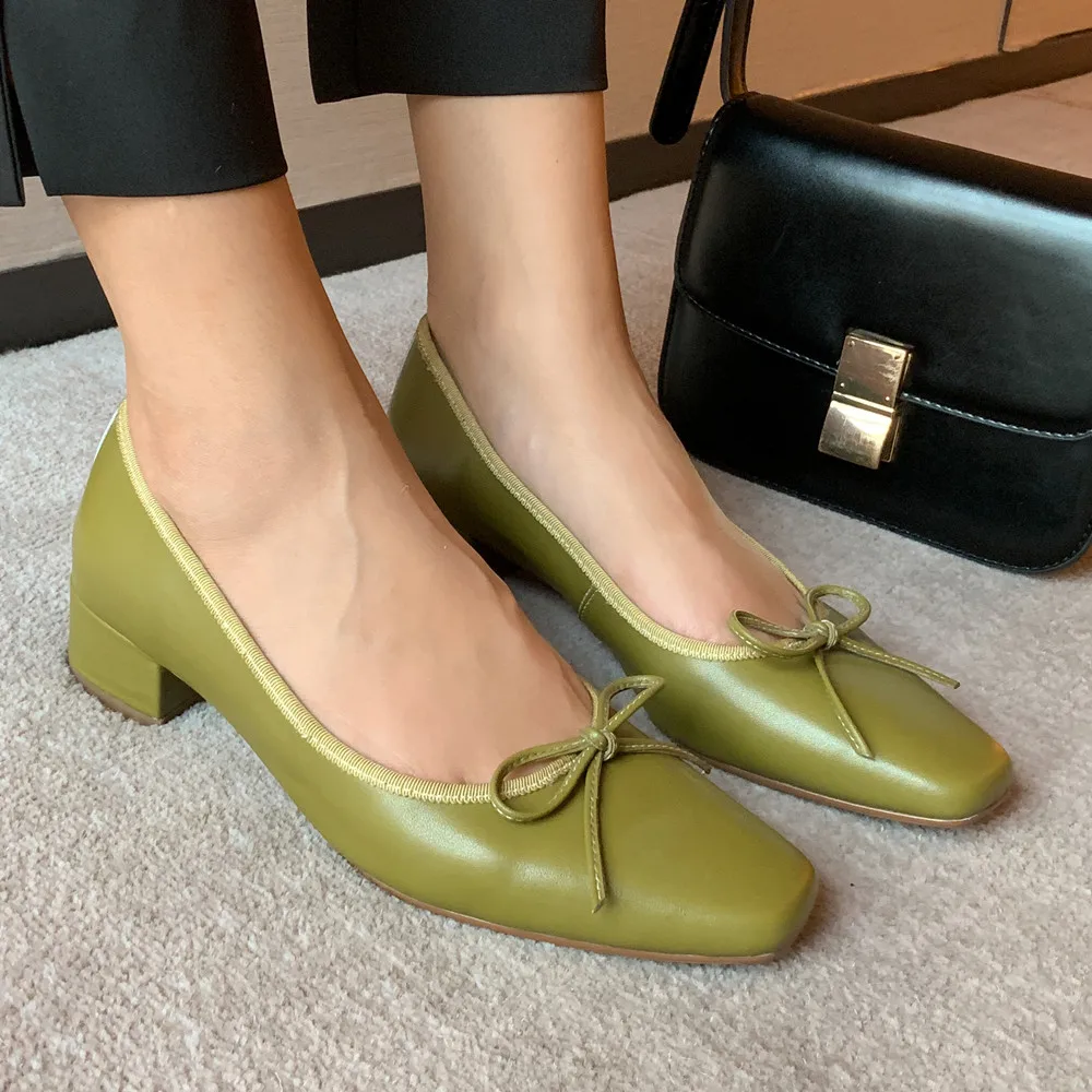 

Women's genuine leather slip-on flats leisure soft comfortable female footwear sqaure toe bow tie korean style daily shoes women